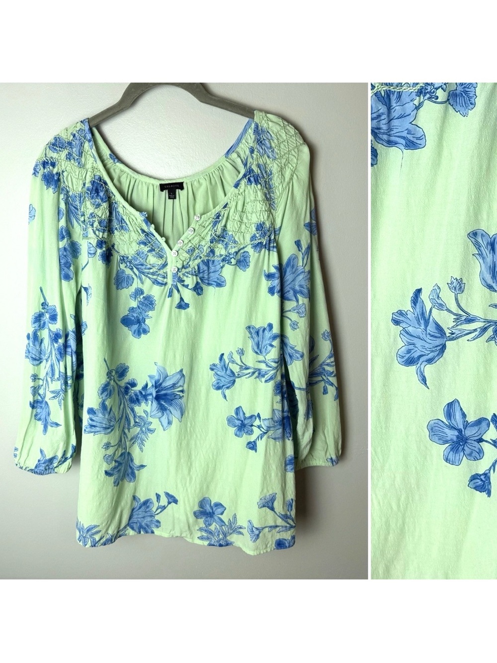 Talbots Blouse Size Small Top 3/4 Sleeves Light Green Blue Floral Lined Henley